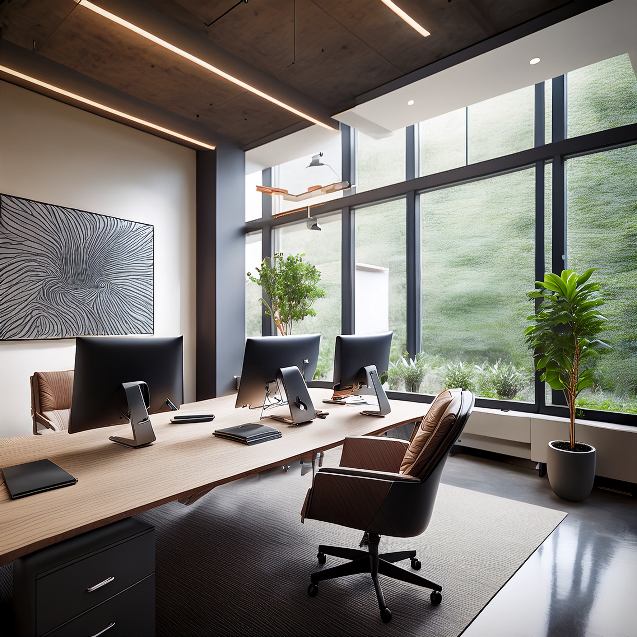 Elegantes Büro mit klassischen Design-Elementen und digitaler Ausstattung